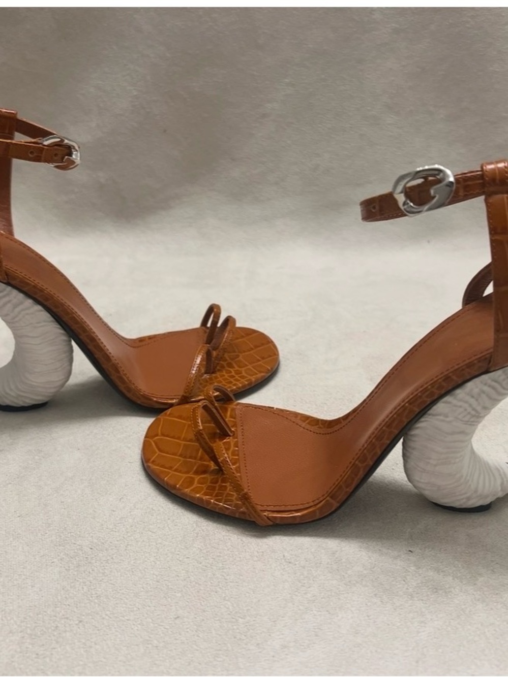 Givenchy Tan Croc-Effect Ankle-Strap Heels with Crocodile Embossed Horn Sandals - Picture 2 of 10